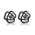 Übergroße schwarze Rosen-Ohrstecker im Kamelien-Design mit funkelnden Kristallen besetzt - Schwarz