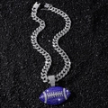 Men's hip hop silver Cuban chain with blue iced out American football pendant jewelry - Deep Blue Football (With 50cm Chain) / Silver