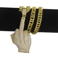 Collar hiphop con colgante grande de dedo medio y cadena cubana dorada con diamantes de imitación - Dedo Corazón Grande (Dorado) - Eslabón Cubano