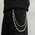Dettaglio della catena per pantaloni argento a doppio strato con perle e perline di cristallo - Stile Misto Perle e Metallo a Doppio Strato (Stile 1-02004)
