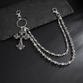 Catena per pantaloni gotica a doppio strato con ciondolo a croce vintage e gemme nere - Argento Antico (02009)