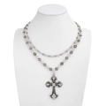Men's double-layered silver necklace with gothic cross pendant and rhinestone inlay - Antique Silver (06946)