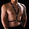 Adjustable black PU leather body harness for men featuring silver metal rings and buckles - Black (01544)