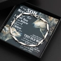 Close-up of silver men's bamboo link bracelet in gift box with wolf message card - Bracelet + Card Gift Box