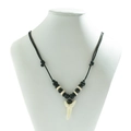 Ethnic wood bead necklace with white shark tooth pendant and black woven cord - Black Style 1 (06038)