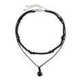 Detail of double-layer black stone choker with wood beads and silver extension chain - Black Natural Stone Necklace