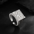 Silver square textured adjustable ring for men with unique industrial hammered surface finish - Silver 00903