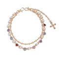 Catena multistrato dorata con perle, cuori colorati e pendente a croce con pietre - Oro (01749)