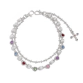 Dettaglio di catena di perle multistrato con gemme a cuore colorate e ciondolo a croce - Bianco (01749)