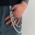 Detail of layered pearl trouser chain with colorful heart rhinestones on denim jeans - Colorful Heart Double Layer Style (1750) / Silver