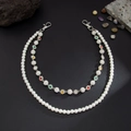 Catena per pantaloni a doppio strato con perle e sfere di strass su sfondo nero - Argento (Bianco K)
