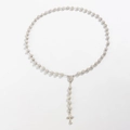 Mens acrylic rhinestone rosary cross necklace with silver beads and religious icon medal - Silver