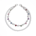 Detailed view of layered pearl chain with colorful rhinestone heart charms and silver clasps - Silver Color (01750)