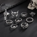 Gothic skull ring set with 9 vintage skeleton designs for Halloween and punk styles - Ancient Silver (06647)