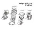 Set de 9 anillos punk vintage plateados con telaraña y calaveras de estilo gótico - Juego de Elementos de Araña de Calavera Gótica (06648) / Plata Antigua
