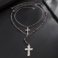 Silver double-layered rosary necklace with red beads and faux pearl cross pendant - Silver (06549)
