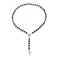 Men's rosary necklace featuring faceted black beads with a silver cross pendant - Black