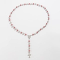 Pink and white Shamballa bead rosary necklace with silver crucifix and medal - White + Pink