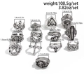 13-piece punk skull ring set in antique silver finish with gothic design elements - 13-Piece Skull Theme Ring Set (06650) / 13-Piece Set / Antique Silver
