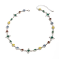 Necklace with multicolored gemstones and silver star links on white background - Necklace / Silver-07375