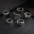 Detailed view of 6-piece vintage silver punk ring set with star and cross on black stone - Vintage Silver (06664)