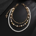 Hip hop layered pants chain with white pearls, multicolor crystals and cross pendant - Gold (01966)