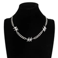 Men's silver Cuban chain necklace featuring grooved double star charms with pavé crystals - Silver (White K-7300)
