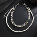 Double-layer pearl trousers chain with colorful rhinestones and cross pendant - Silver (01965)