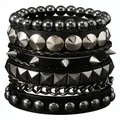 Men's multi-layer punk rock bracelet with metal chains, rivets and black leather straps - Style B