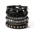 Punk style multilayer leather bracelet set with metal studs and heavy chain for men - Style C