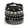 Multi-layer punk leather bracelet set for men with silver studs and metal chains - Style D
