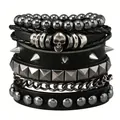 Detail of multilayer punk leather bracelet with skull and metal rivets on white background - Style A
