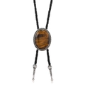 Detail of tiger eye stone bolo tie with engraved silver metal casing and black braided leather - Silver Tiger Eye Oval Style (02)