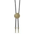 Detail of vintage bronze floral engraved bolo tie buckle and black braided leather cord - Bronze Floral Engraved Style (03)