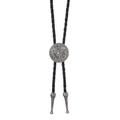 Detail der Vintage-Bolo-Krawatte mit silberner Blumenschnalle und schwarzem geflochtenem Leder - Antiksilber