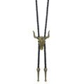 Detail of vintage bull skull Bolo Tie with flower embossing and black braided leather cord - Bronze Bull Skull Style (06)