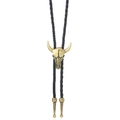 Cravatta bolo vintage con ciondolo a teschio di toro in oro antico su cordino nero in PU intrecciato - Stile Testa di Toro (01)
