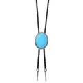 Cravatta Bolo con pietra turchese blu ovale e punte in metallo argentato inciso - Stile Turchese (03)