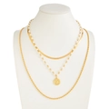 Three-layer gold snake chain and pearl necklace set with compass pendant - Gold