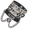 Set di 3 braccialetti in pelle nera stile punk rock con stelle e ciondoli a cuore - Nero