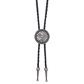 Detail of western bolo tie featuring sunflower pattern silver slide and engraved tips - Antique Silver