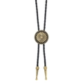 Detail of vintage gold bolo tie slide with floral engraving and black braided cord - Bronze