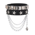 Punk black leather wide bracelet set with silver studs, star metal charms and hanging bell - Star Rivet Bell Chain Bracelet (03)