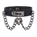 Gothic punk black leather choker with metal heart padlock and crystal stone detail - Heart Lock Rhinestone Chain Style (08)