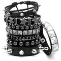 Multi-layer punk rock bracelet set with black leather, studs, and metal chains - Leather Braided Rivet Bead Combination Set