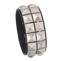Close-up of punk black leather bracelet with double rows of silver pyramid metal studs - Double Row Rivet Bracelet