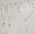 Gold chain and white pearl necklace set with cross pendant and vintage religious charms - Gold-06090