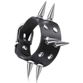 Detail view of double-row silver cone spikes and studs on a black leather punk bracelet - Multi Long Cone Spike Style (08)