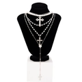 Layered silver chain necklace with pearls and cross pendants on a black neck model - Silver-06090