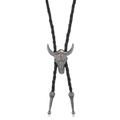 Detail view of retro silver longhorn bolo tie with black braided leather rope and tips - Bull Head Style (01)
